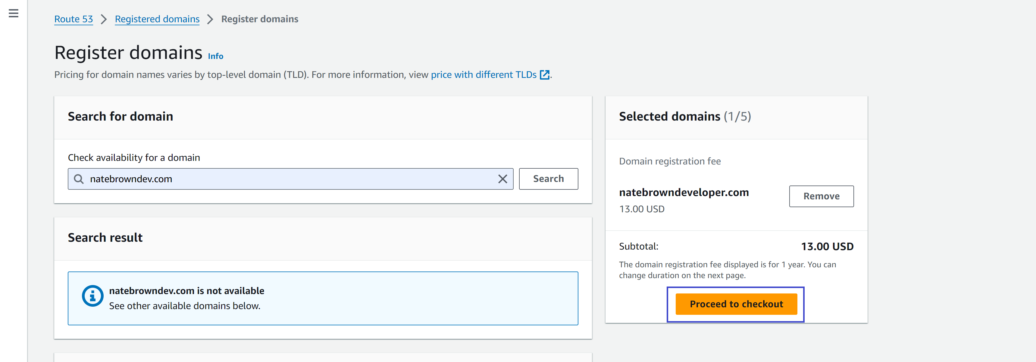 picture of the Search for Domains view, with the Proceed to Checkout button highlighted